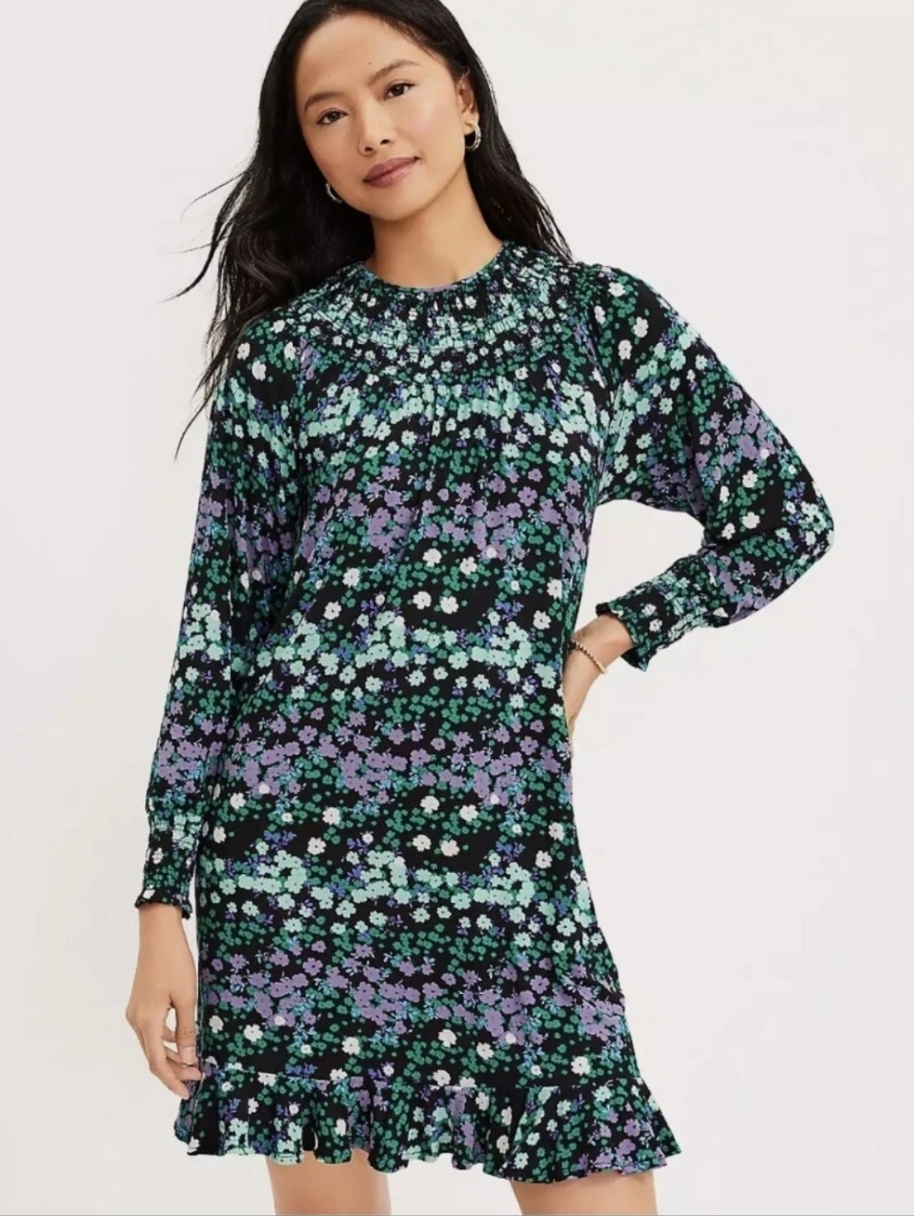 Loft Floral Smocked Long Sleeve Rayon Dress With Tie New With Tags